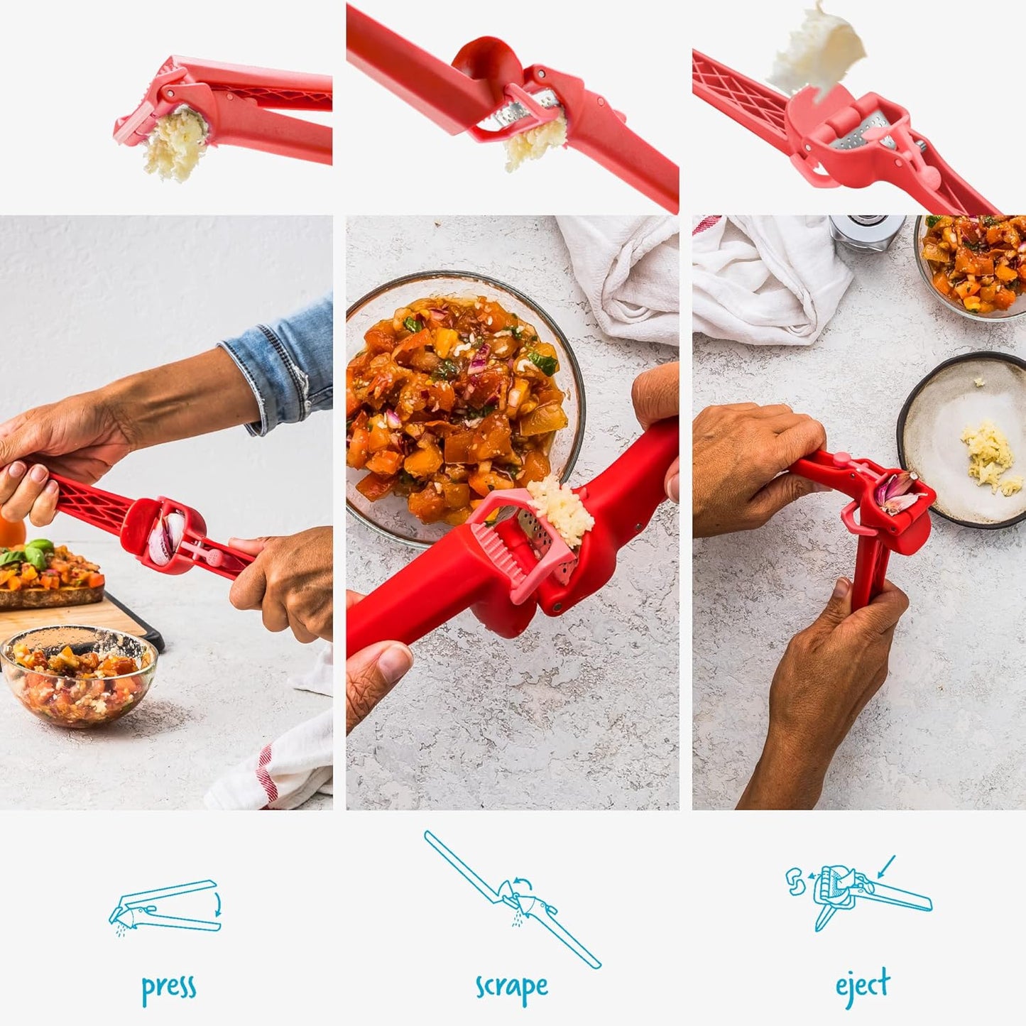 Garject Lite 2-In-1 Garlic Peeler, Garlic Press & Mincer with Garlic Peel Ejector, Nylon - Red | No-peel mincer with skin eject button, fits up to 2 cloves, dishwasher safe heavy-duty nylon, stainless steel crusher plate