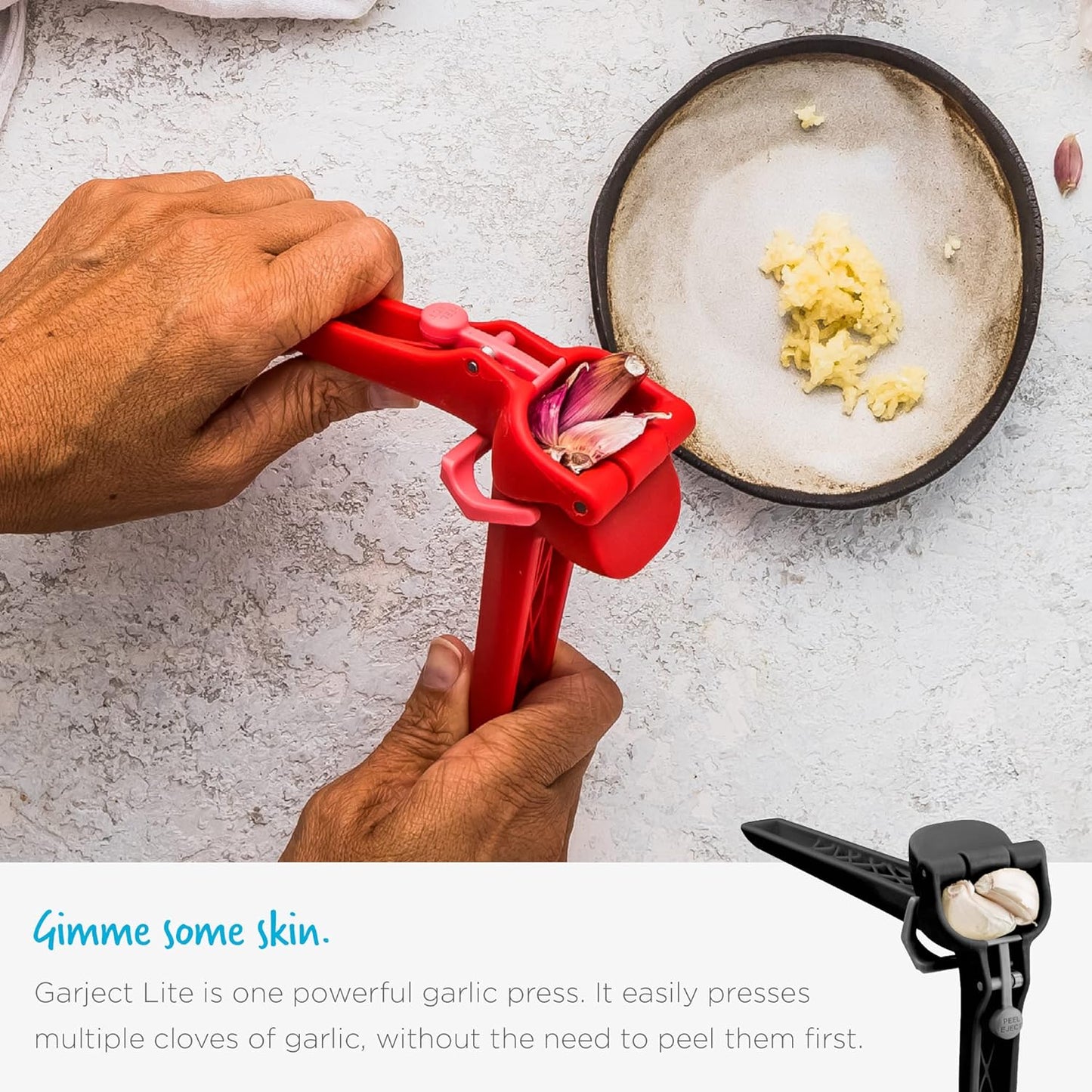 Garject Lite 2-In-1 Garlic Peeler, Garlic Press & Mincer with Garlic Peel Ejector, Nylon - Red | No-peel mincer with skin eject button, fits up to 2 cloves, dishwasher safe heavy-duty nylon, stainless steel crusher plate