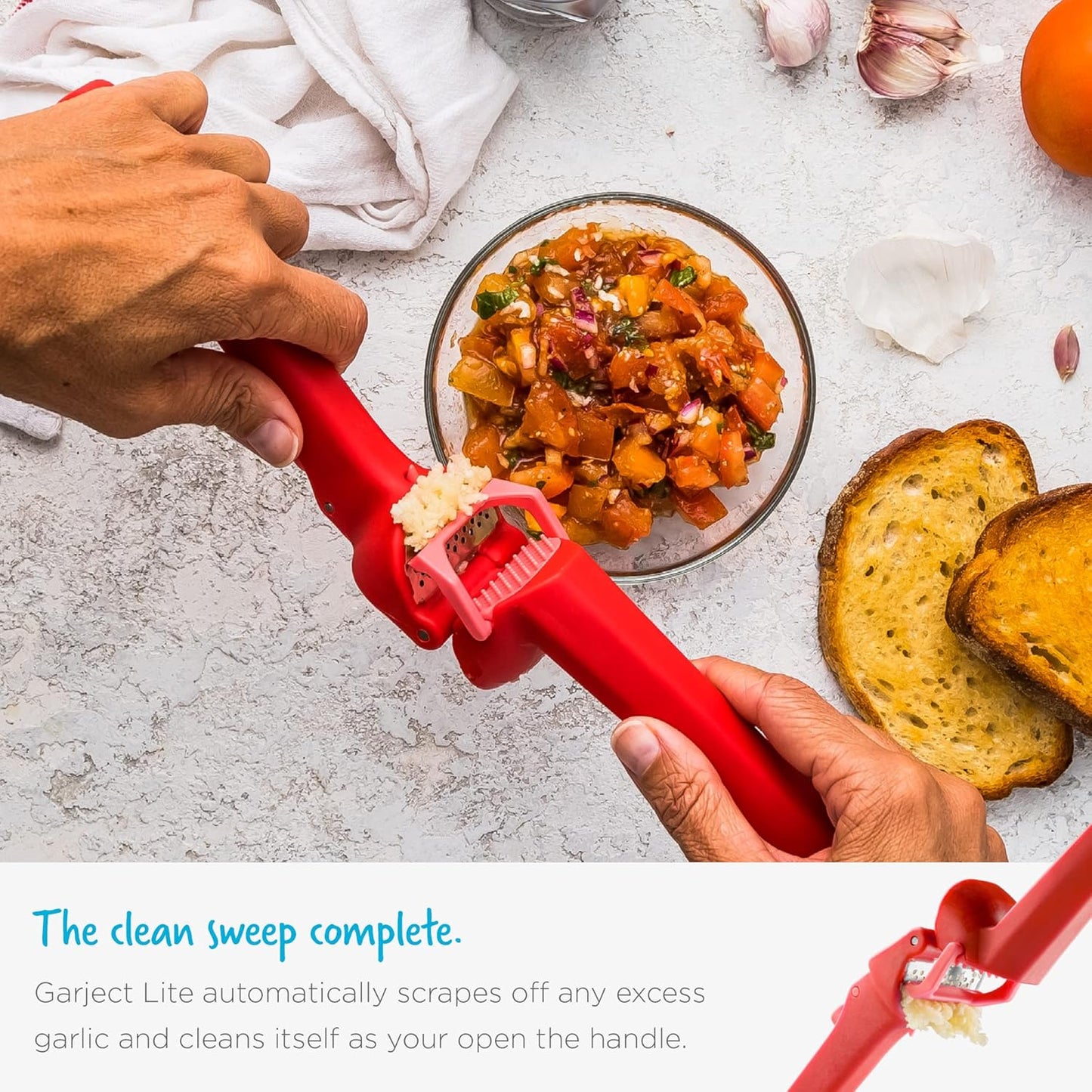 Garject Lite 2-In-1 Garlic Peeler, Garlic Press & Mincer with Garlic Peel Ejector, Nylon - Red | No-peel mincer with skin eject button, fits up to 2 cloves, dishwasher safe heavy-duty nylon, stainless steel crusher plate