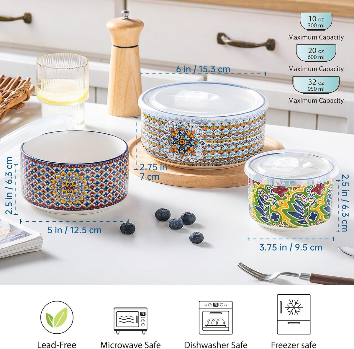 Ceramic Food Storage Bowls with Lids, Nesting Set of 3, 10/20/32 oz