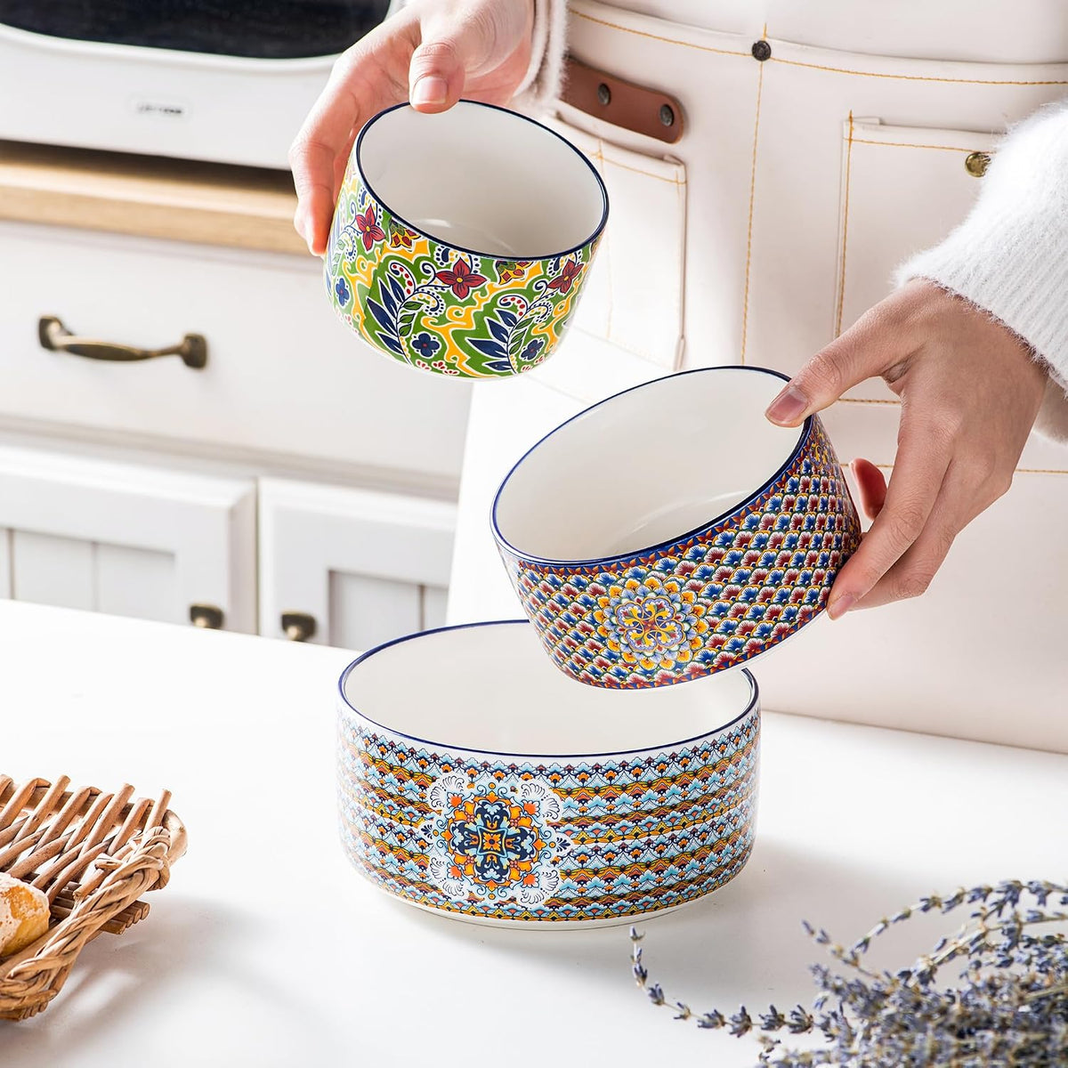 Ceramic Food Storage Bowls with Lids, Nesting Set of 3, 10/20/32 oz