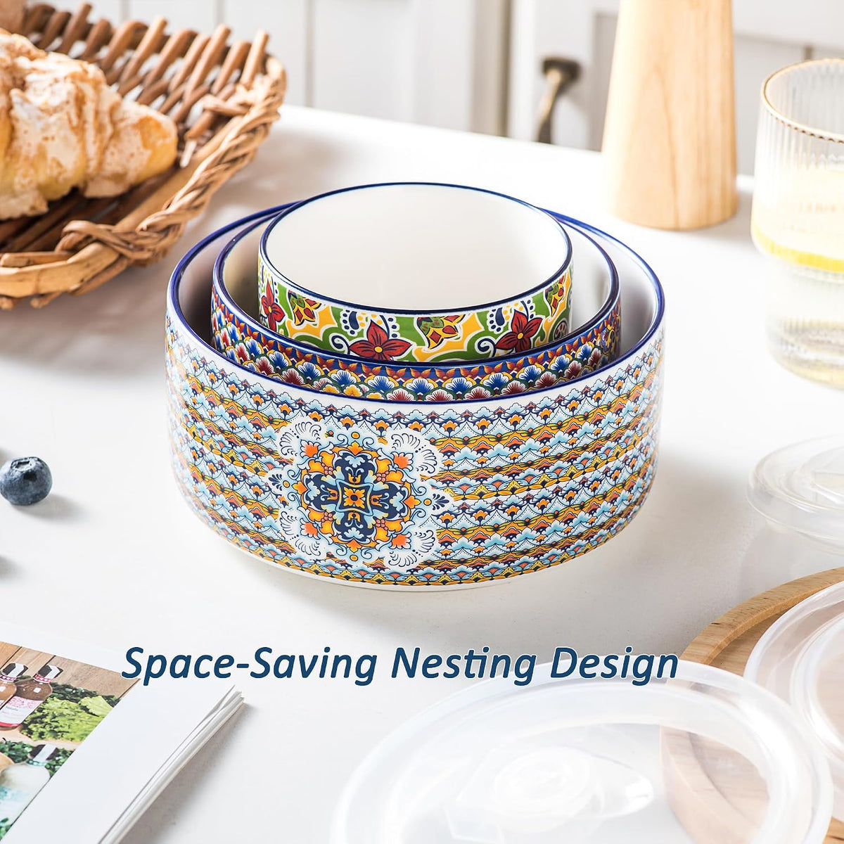Ceramic Food Storage Bowls with Lids, Nesting Set of 3, 10/20/32 oz