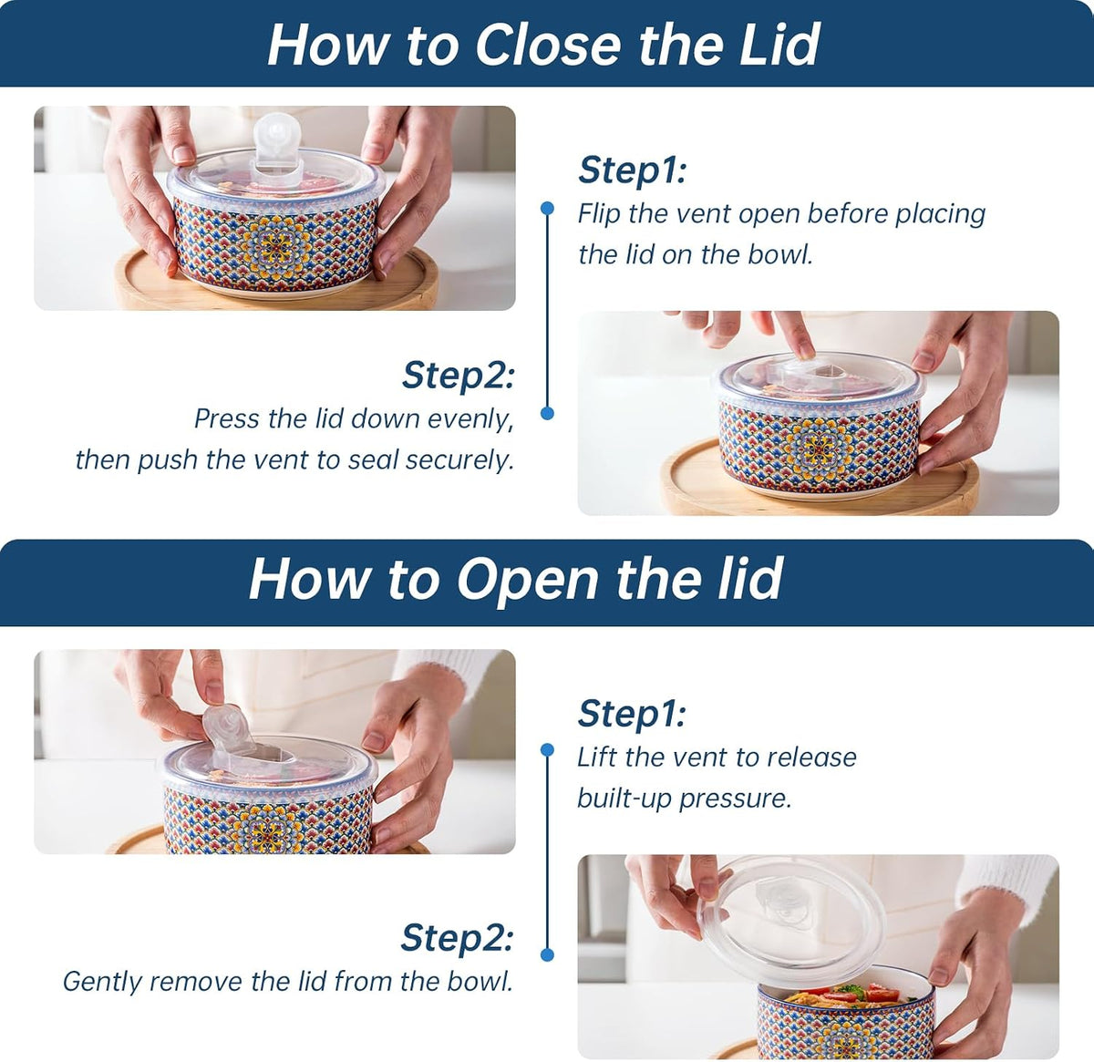 Ceramic Food Storage Bowls with Lids, Nesting Set of 3, 10/20/32 oz
