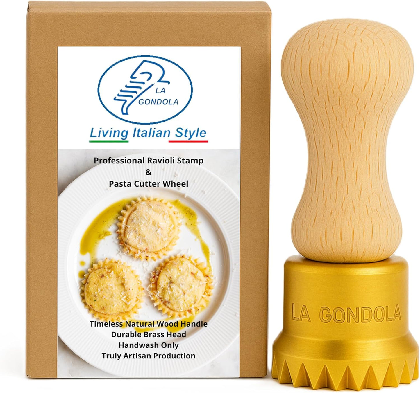 La Gondola Homemade Ravioli Stamp - Round Festooned 1.97in | Italian Pasta Making Tool for Home and Business | Brass & Natural Wood | Sturdy & Easy to Use Ravioli Stamp | Ravioli Cutter Made in Italy