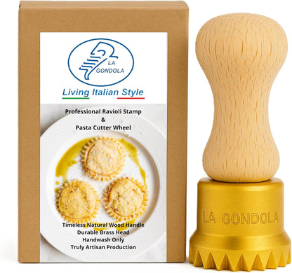 La Gondola Homemade Ravioli Stamp - Round Festooned 1.97in | Italian Pasta Making Tool for Home and Business | Brass & Natural Wood | Sturdy & Easy to Use Ravioli Stamp | Ravioli Cutter Made in Italy