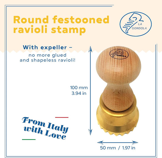 La Gondola Homemade Ravioli Stamp - Round Festooned 1.97in | Italian Pasta Making Tool for Home and Business | Brass & Natural Wood | Sturdy & Easy to Use Ravioli Stamp | Ravioli Cutter Made in Italy