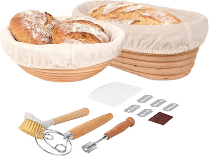 Bread Proofing Basket Set – 6-Piece Sourdough Bread Baking Kit with 9" Round & 10" Oval Banneton Baskets, Linen Liners, Danish Dough Whisk, Dough Scraper & 5 Stainless Steel Blades