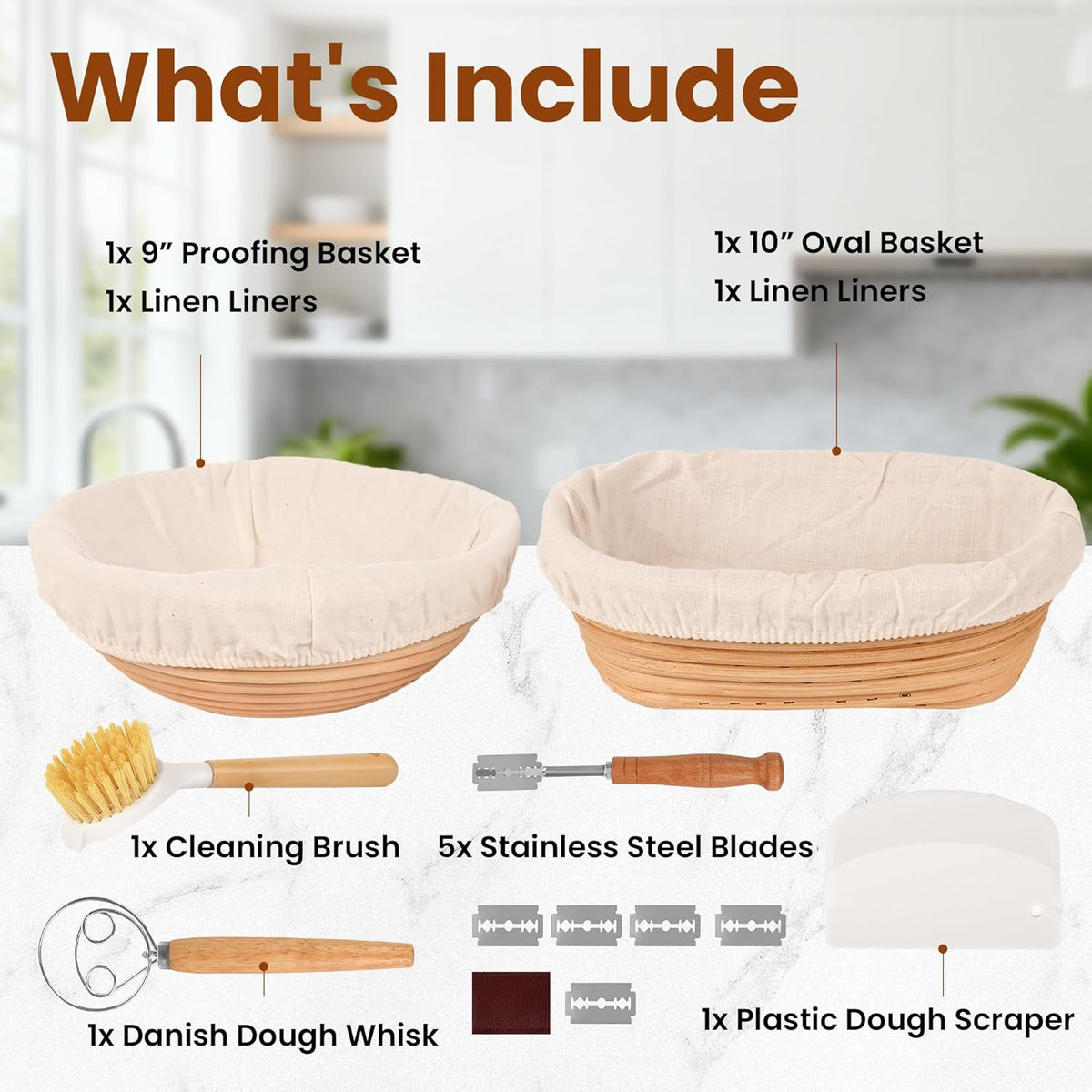 Bread Proofing Basket Set – 6-Piece Sourdough Bread Baking Kit with 9" Round & 10" Oval Banneton Baskets, Linen Liners, Danish Dough Whisk, Dough Scraper & 5 Stainless Steel Blades