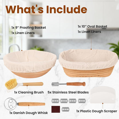 Bread Proofing Basket Set – 6-Piece Sourdough Bread Baking Kit with 9" Round & 10" Oval Banneton Baskets, Linen Liners, Danish Dough Whisk, Dough Scraper & 5 Stainless Steel Blades