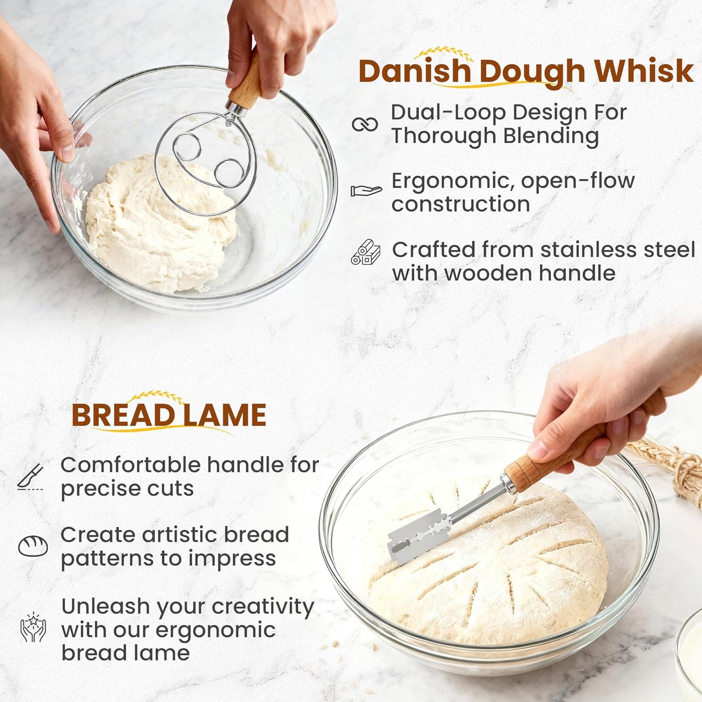 Bread Proofing Basket Set – 6-Piece Sourdough Bread Baking Kit with 9" Round & 10" Oval Banneton Baskets, Linen Liners, Danish Dough Whisk, Dough Scraper & 5 Stainless Steel Blades