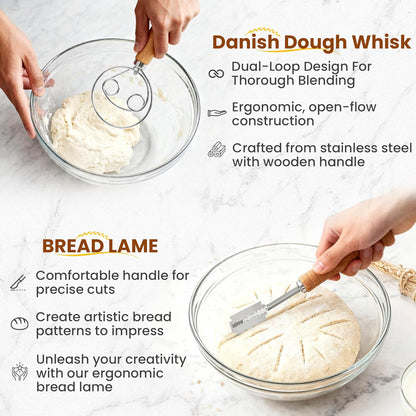 Bread Proofing Basket Set – 6-Piece Sourdough Bread Baking Kit with 9" Round & 10" Oval Banneton Baskets, Linen Liners, Danish Dough Whisk, Dough Scraper & 5 Stainless Steel Blades