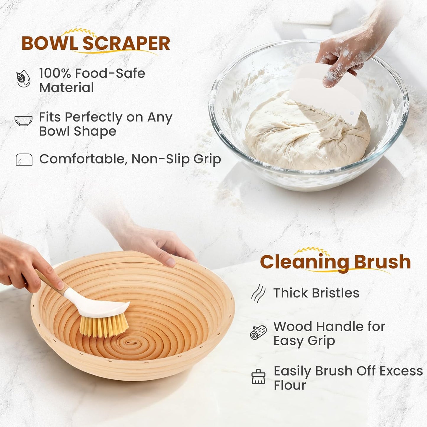 Bread Proofing Basket Set – 6-Piece Sourdough Bread Baking Kit with 9" Round & 10" Oval Banneton Baskets, Linen Liners, Danish Dough Whisk, Dough Scraper & 5 Stainless Steel Blades