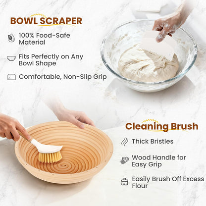 Bread Proofing Basket Set – 6-Piece Sourdough Bread Baking Kit with 9" Round & 10" Oval Banneton Baskets, Linen Liners, Danish Dough Whisk, Dough Scraper & 5 Stainless Steel Blades