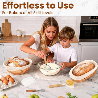Bread Proofing Basket Set – 6-Piece Sourdough Bread Baking Kit with 9" Round & 10" Oval Banneton Baskets, Linen Liners, Danish Dough Whisk, Dough Scraper & 5 Stainless Steel Blades