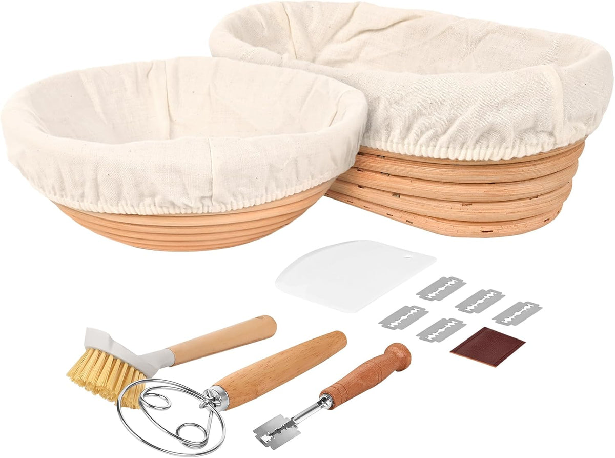Bread Proofing Basket Set – 6-Piece Sourdough Bread Baking Kit with 9" Round & 10" Oval Banneton Baskets, Linen Liners, Danish Dough Whisk, Dough Scraper & 5 Stainless Steel Blades