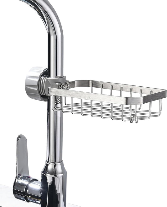 Sponge Holder Over Faucet Kitchen Sink Caddy Organizer, Stainless Steel Sink Rack for Sponge, Brush and Soap, Quick Drain Hanging Faucet Holder