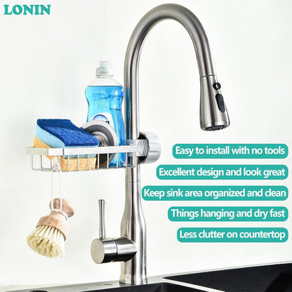 Sponge Holder Over Faucet Kitchen Sink Caddy Organizer, Stainless Steel Sink Rack for Sponge, Brush and Soap, Quick Drain Hanging Faucet Holder
