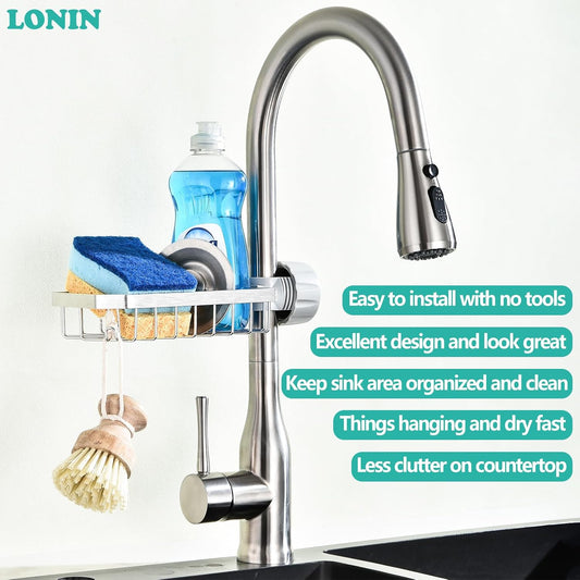 Sponge Holder Over Faucet Kitchen Sink Caddy Organizer, Stainless Steel Sink Rack for Sponge, Brush and Soap, Quick Drain Hanging Faucet Holder
