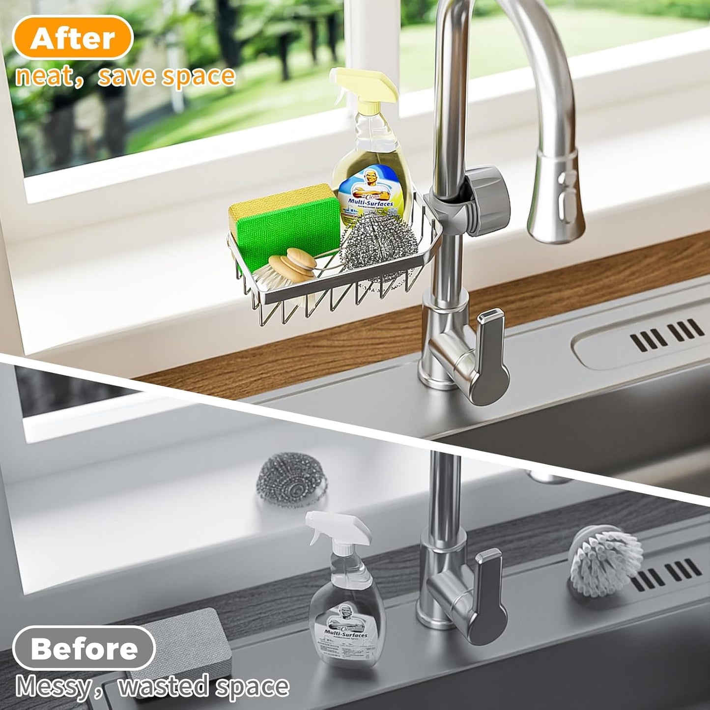 Sponge Holder Over Faucet Kitchen Sink Caddy Organizer, Stainless Steel Sink Rack for Sponge, Brush and Soap, Quick Drain Hanging Faucet Holder