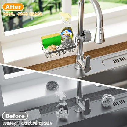 Sponge Holder Over Faucet Kitchen Sink Caddy Organizer, Stainless Steel Sink Rack for Sponge, Brush and Soap, Quick Drain Hanging Faucet Holder