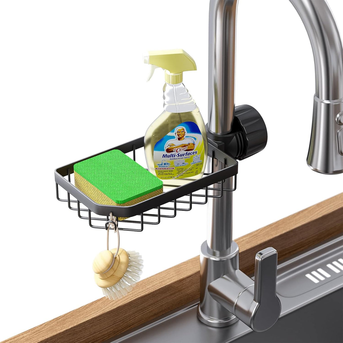 Sponge Holder Over Faucet Kitchen Sink Caddy Organizer, Stainless Steel Sink Rack for Sponge, Brush and Soap, Quick Drain Hanging Faucet Holder