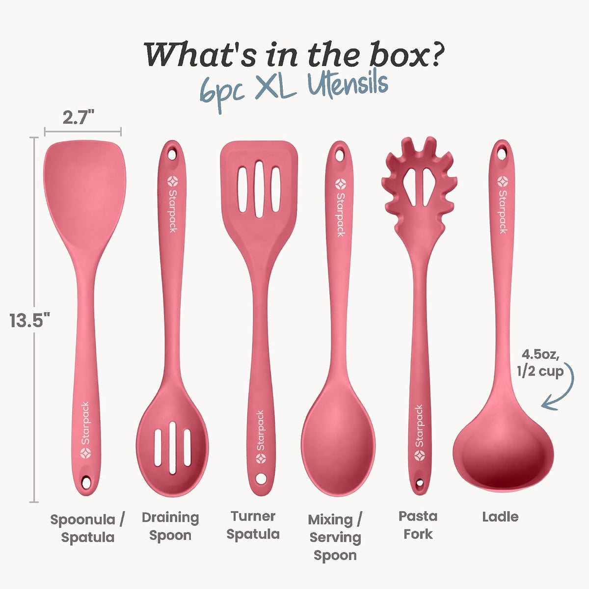 Starpack Like a Boss XL Silicone Cooking Utensils Set (6-Piece, 13.5") - LFGB Certified, 600°F Heat Resistant, BPA-Free - Heavy-Duty Steel Core, Dishwasher Safe - for Nonstick Cookware, Earthy Pink