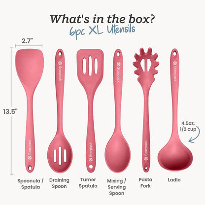 Starpack Like a Boss XL Silicone Cooking Utensils Set (6-Piece, 13.5") - LFGB Certified, 600°F Heat Resistant, BPA-Free - Heavy-Duty Steel Core, Dishwasher Safe - for Nonstick Cookware, Earthy Pink