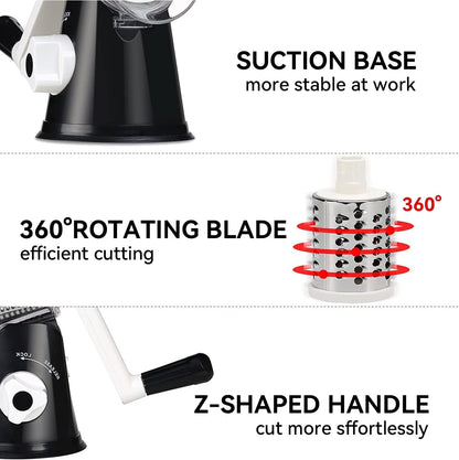 Rotary Cheese Grater Vegetable Shredder with Handle Round Kitchen Mandoline Slicer Grater for Nuts, Vegetable, Chocolate, Chesse - Black - 3 Replaceabe Stainless Steel Blades