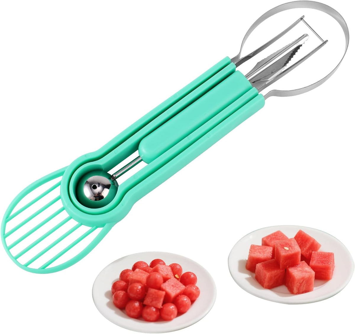 Watermelon Cutter Slicer Tool, Plastic Stainless Steel Knife Melon Baller Scoop Set Practical Kitchen Scooper Gadget Kit for Making Juice Fruit Salad Creative Fruit Presentation (Green)