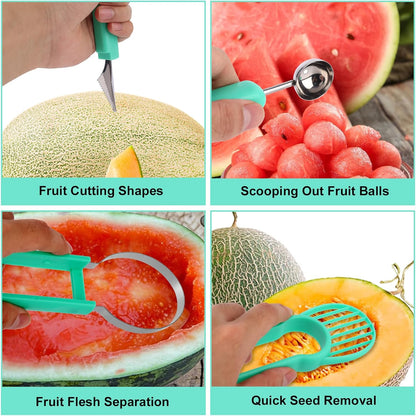 Watermelon Cutter Slicer Tool, Plastic Stainless Steel Knife Melon Baller Scoop Set Practical Kitchen Scooper Gadget Kit for Making Juice Fruit Salad Creative Fruit Presentation (Green)