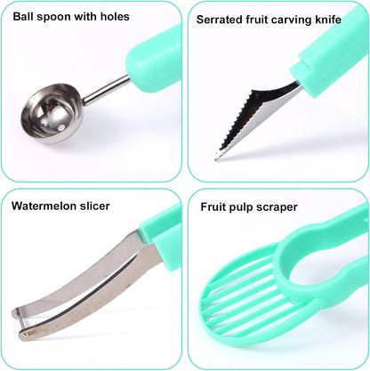 Watermelon Cutter Slicer Tool, Plastic Stainless Steel Knife Melon Baller Scoop Set Practical Kitchen Scooper Gadget Kit for Making Juice Fruit Salad Creative Fruit Presentation (Green)