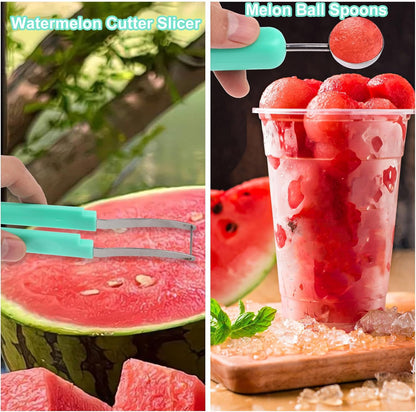 Watermelon Cutter Slicer Tool, Plastic Stainless Steel Knife Melon Baller Scoop Set Practical Kitchen Scooper Gadget Kit for Making Juice Fruit Salad Creative Fruit Presentation (Green)