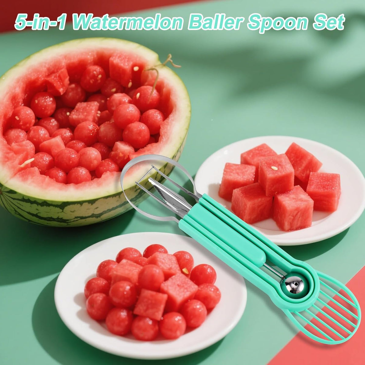 Watermelon Cutter Slicer Tool, Plastic Stainless Steel Knife Melon Baller Scoop Set Practical Kitchen Scooper Gadget Kit for Making Juice Fruit Salad Creative Fruit Presentation (Green)