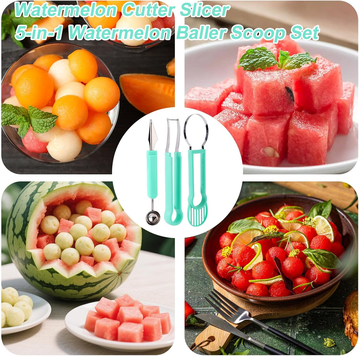 Watermelon Cutter Slicer Tool, Plastic Stainless Steel Knife Melon Baller Scoop Set Practical Kitchen Scooper Gadget Kit for Making Juice Fruit Salad Creative Fruit Presentation (Green)