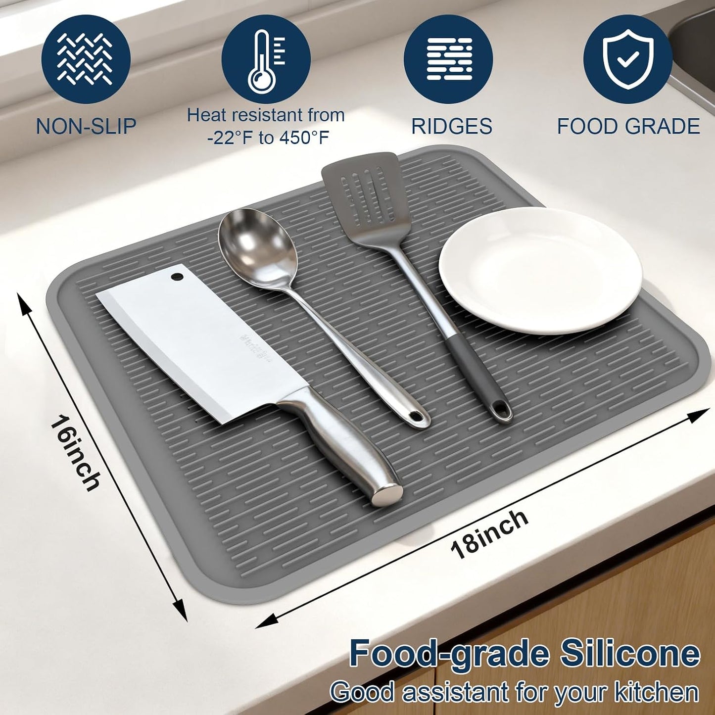Extra Large Silicone Trivet drying mat for kitchen counter Gray 2 Pack | Grey 18 x 16 in sink heat resistant dish drying mat, silicone hot pads and trivets, rubber dish drainers for kitchen counter