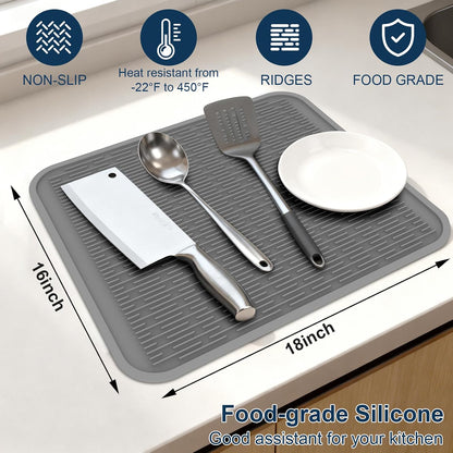 Extra Large Silicone Trivet drying mat for kitchen counter Gray 2 Pack | Grey 18 x 16 in sink heat resistant dish drying mat, silicone hot pads and trivets, rubber dish drainers for kitchen counter