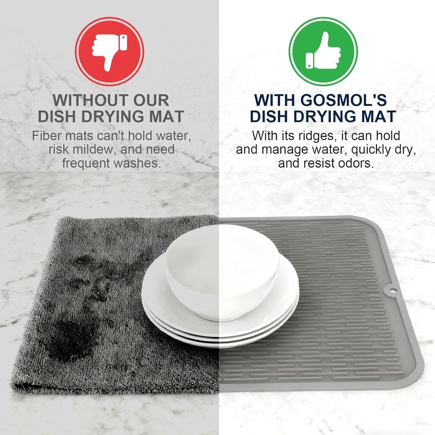 Extra Large Silicone Trivet drying mat for kitchen counter Gray 2 Pack | Grey 18 x 16 in sink heat resistant dish drying mat, silicone hot pads and trivets, rubber dish drainers for kitchen counter