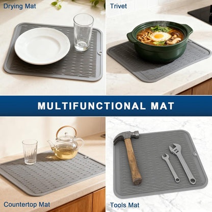 Extra Large Silicone Trivet drying mat for kitchen counter Gray 2 Pack | Grey 18 x 16 in sink heat resistant dish drying mat, silicone hot pads and trivets, rubber dish drainers for kitchen counter