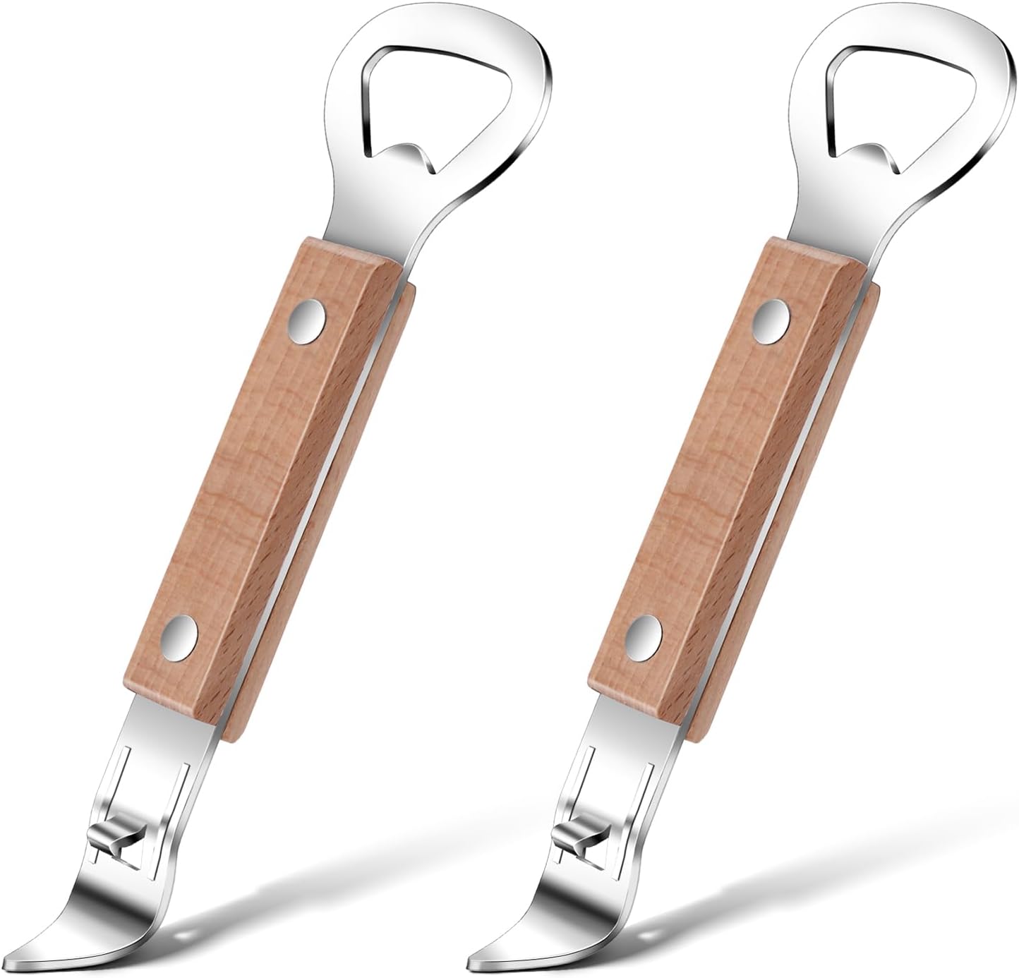 2 Pack Flat Bottle Opener Bartender with Wooden Handle, Can Punch Opener, Stainless Steel Can Opener, Bar Bottle Opener, Dishwasher Safe, Brown