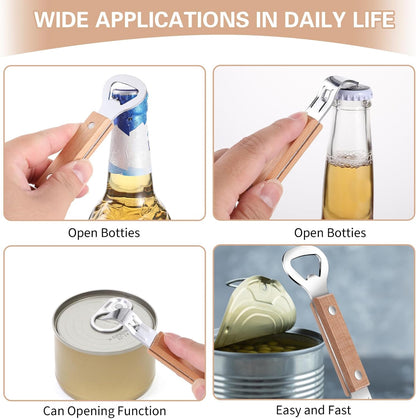 2 Pack Flat Bottle Opener Bartender with Wooden Handle, Can Punch Opener, Stainless Steel Can Opener, Bar Bottle Opener, Dishwasher Safe, Brown