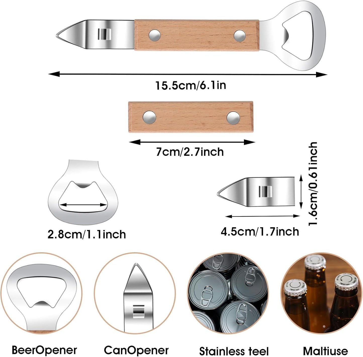 2 Pack Flat Bottle Opener Bartender with Wooden Handle, Can Punch Opener, Stainless Steel Can Opener, Bar Bottle Opener, Dishwasher Safe, Brown