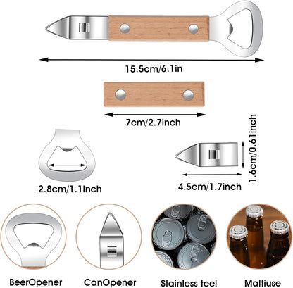 2 Pack Flat Bottle Opener Bartender with Wooden Handle, Can Punch Opener, Stainless Steel Can Opener, Bar Bottle Opener, Dishwasher Safe, Brown