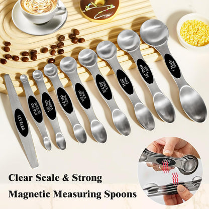 13pcs Gold Stainless Steel Measuring Cups and Spoons Set, Including 8 Double-Sided Magnetic Measuring Spoons Set & 1 Leveler, 4 Metal Measuring Cups, Kitchen Accessroies for Cooking & Baking