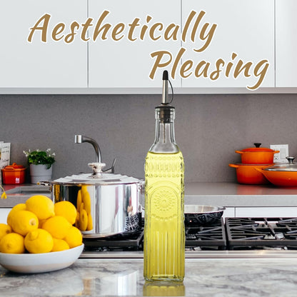 1-Pack Glass Oil Dispenser 500ML/17OZ, Vinegar Bottle with Stainless Steel Pourer, Brush, Funnel, Seal Cap (Sunflower)