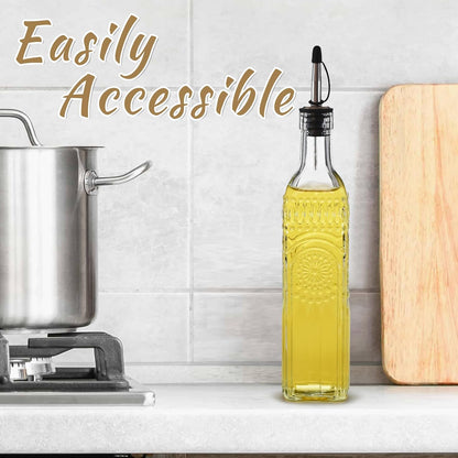 1-Pack Glass Oil Dispenser 500ML/17OZ, Vinegar Bottle with Stainless Steel Pourer, Brush, Funnel, Seal Cap (Sunflower)