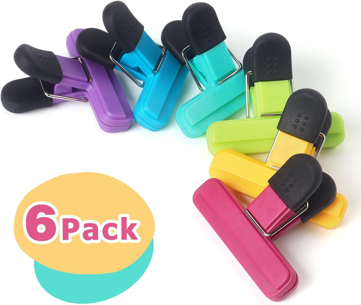 6 Pack Chip Clips, Food Clips, 3 x 2.5 Inch, Assorted Color | Bag Clips Plastic Heavy Duty Seal Grip