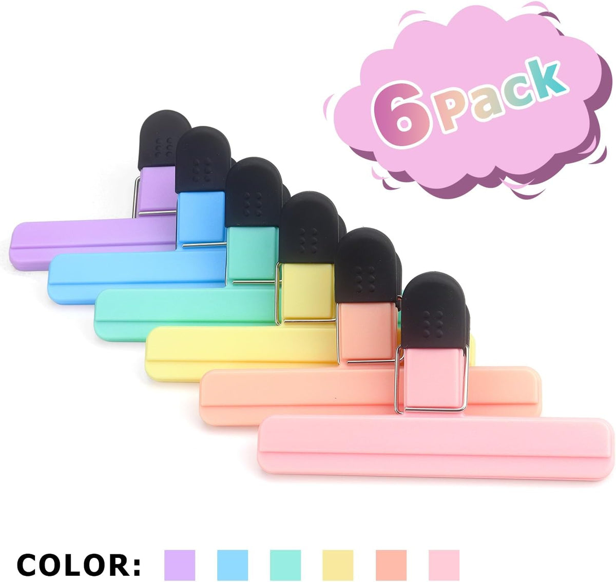 6 Pack Chip Clips, Food Clips, 3 x 2.5 Inch, Assorted Color | Bag Clips Plastic Heavy Duty Seal Grip