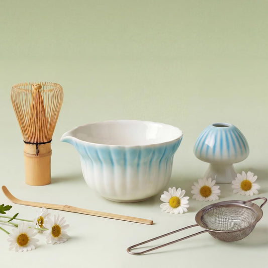 Matcha Set, 5Pcs Ceramic Matcha Set including Daisy Matcha Bowl and Mushroom Whisk Holder, Bamboo Whisk, Scoop, Sifter - Thoughtful Matcha Whisk Set Gift for Matcha Lovers, Blue