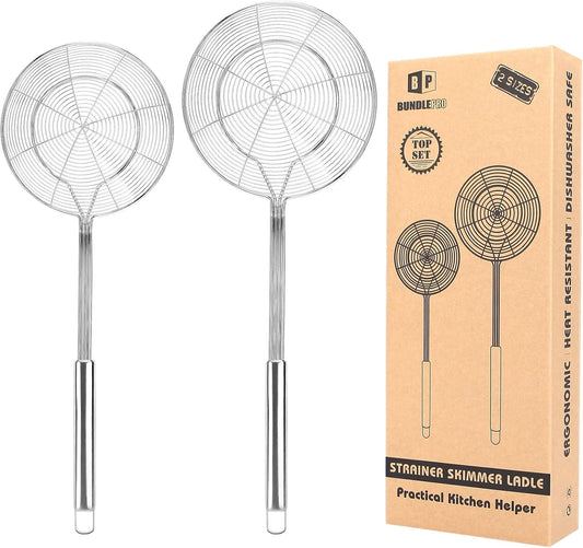 Large Stainless Steel Spider Strainer Long Handle, 2 Pack | Skimmer Basket, Ladle Strainers for Frying, Boiling Noodles, Dumplings, Pasta