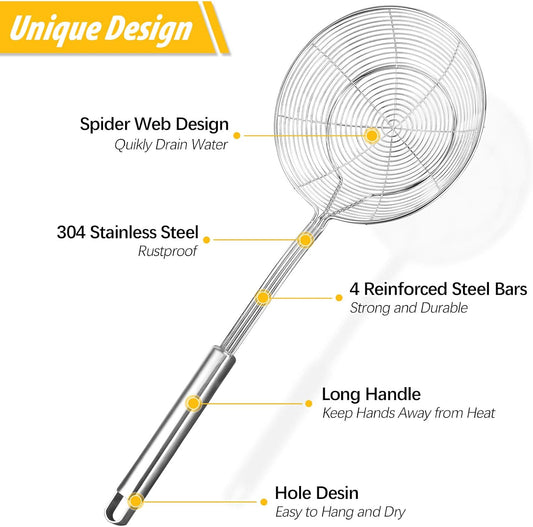 Large Stainless Steel Spider Strainer Long Handle, 2 Pack | Skimmer Basket, Ladle Strainers for Frying, Boiling Noodles, Dumplings, Pasta
